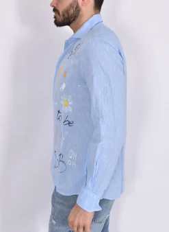 BOB Camicie<Camicia celeste Lop dipinta a mano lino cotone