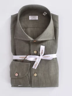 BORRIELLO Camicie<Camicia cucita a mano lino verde militare
