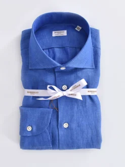 BORRIELLO Camicie<Camicia lino blu royal marechiaro cucita a mano
