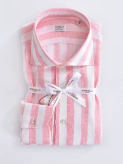 BORRIELLO Camicie<Camicia lino righe larghe rosa cucita a mano