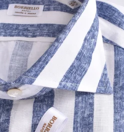 BORRIELLO Camicie<Camicia lino righe larghe blu cucita a mano