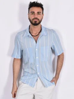 YES LONDON Camicie<Camicia mezza manica celeste rigata