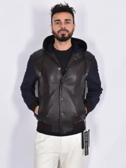 THE JACK LEATHERS Giubbotti<Giubbino Jack Leathers Joele Mix cappuccio pelle moro blu