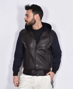 THE JACK LEATHERS Giubbotti<Giubbino Jack Leathers Joele Mix cappuccio pelle moro blu