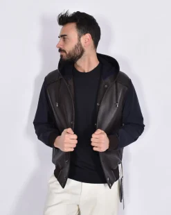 THE JACK LEATHERS Giubbotti<Giubbino Jack Leathers Joele Mix cappuccio pelle moro blu