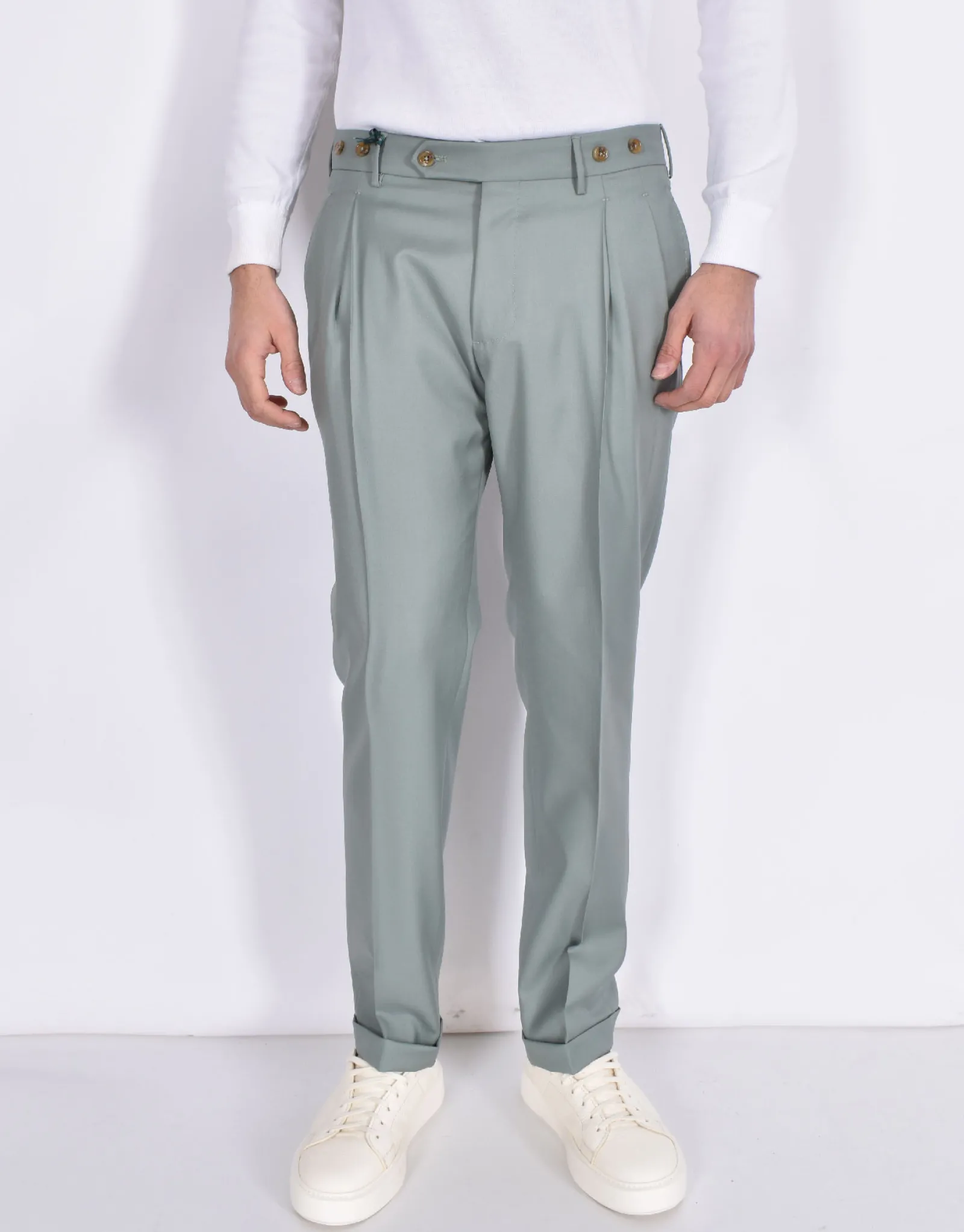 BERWICH Pantaloni<Pantalone italiano risvoltini pinces verde fresco lana Barber