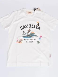 BOB T-shirt<T-shirt bianca ricami Surf